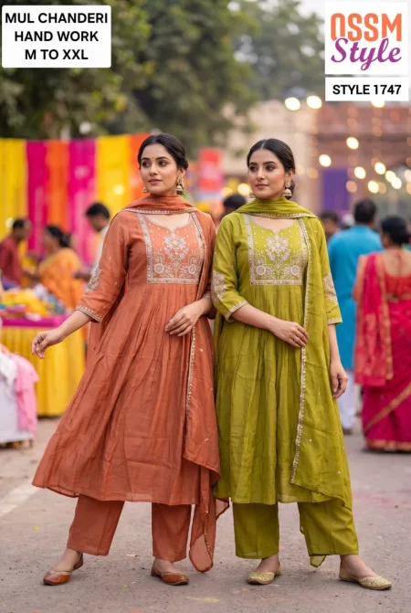 1747 By Ossm Style Mul Chanderi Kurtis Set Size Combo